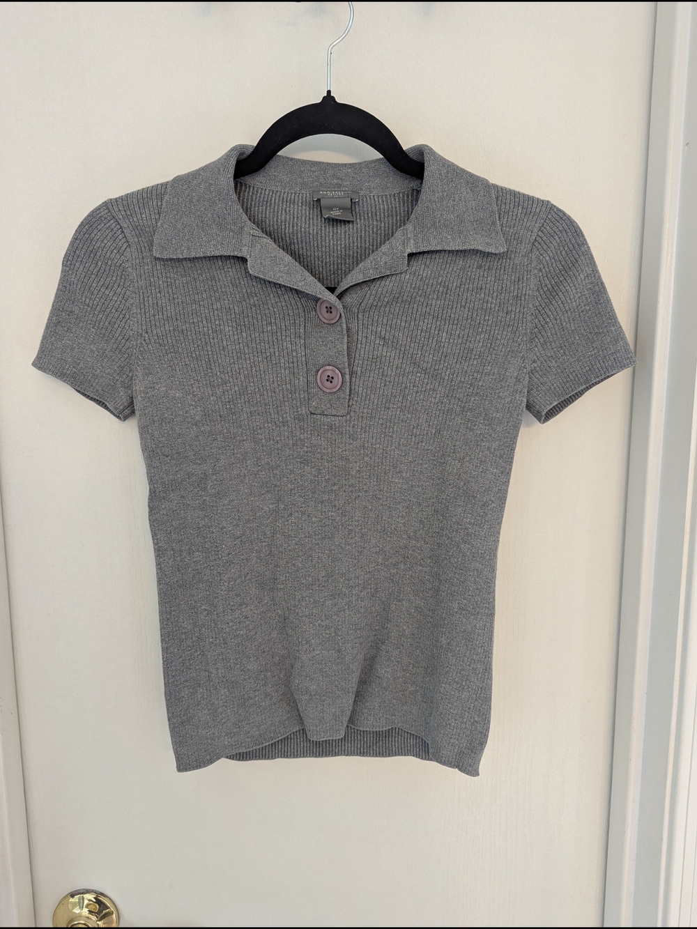 Ann Taylor Gray Ribbed Short-Sleeve Polo Tee